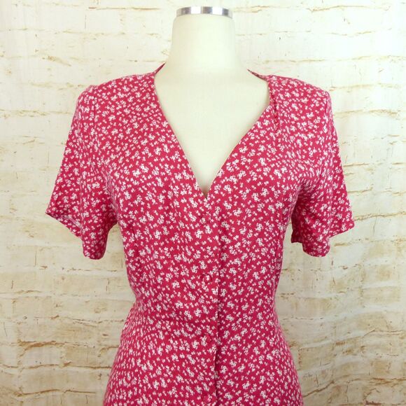 Saks Fifth Avenue Dress Womens US 12 Red Ditsy Floral Button Midi Viscose Boho - Picture 5 of 11
